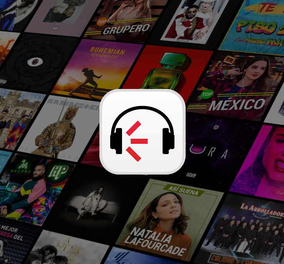 Claro música » Claro Dominicana Logotipo del app de Claro música con portadas de álbumes de canciones en 3D en el fondo