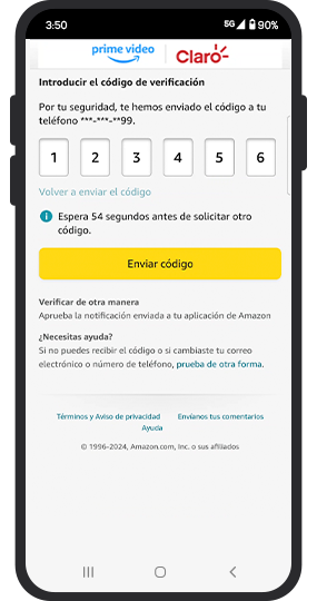 Amazon te enviará un código de verificación de 6 dígitos al correo o al móvil que tienes registrado. Digita y selecciona “Enviar código”. Amazon te enviará un código de verificación de 6 dígitos al correo o al móvil que tienes registrado. Digita y selecciona “Enviar código”.